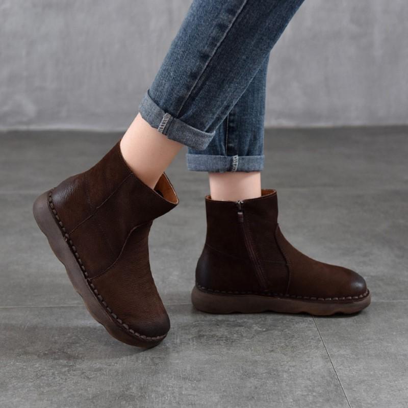 Johnature Versatile Women's Short Boots Round Toe Side Zipper Retro Genuine Leather Flat Boots
