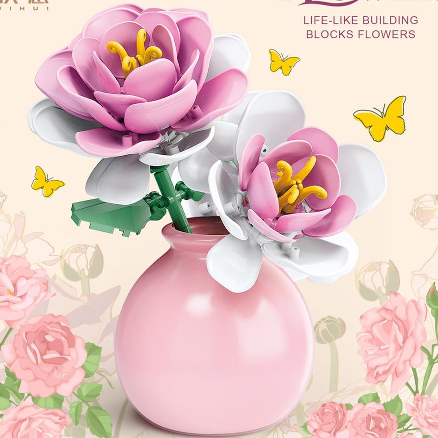 DIY MOC Flowers Bouquet Rose Sunflower Succulents Bonsai Vase Gardens Romantic Building Blocks Model Bricks Kids Sets Kits Toys