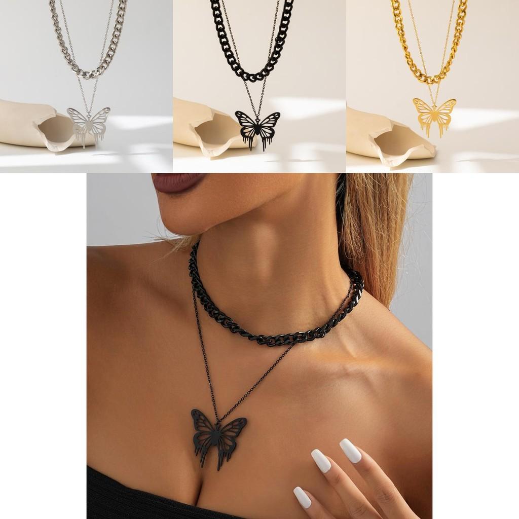 Creative Double Layer Butterfly Pendant Necklace In Gold Silver And Black For Women