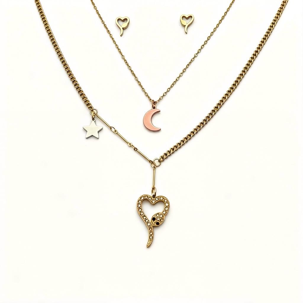 Double Layer Stackable Heart, Snake, Star & Moon Pendant Necklace & Earring Set: 3-Piece Clavicle Chain Jewelry Set