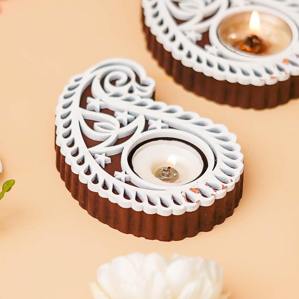 Buta Or Paisley Shaped Wooden Block Print Decorative Tea Light Candle Holders, Diya Stands For Diwali | Tea Light Holders