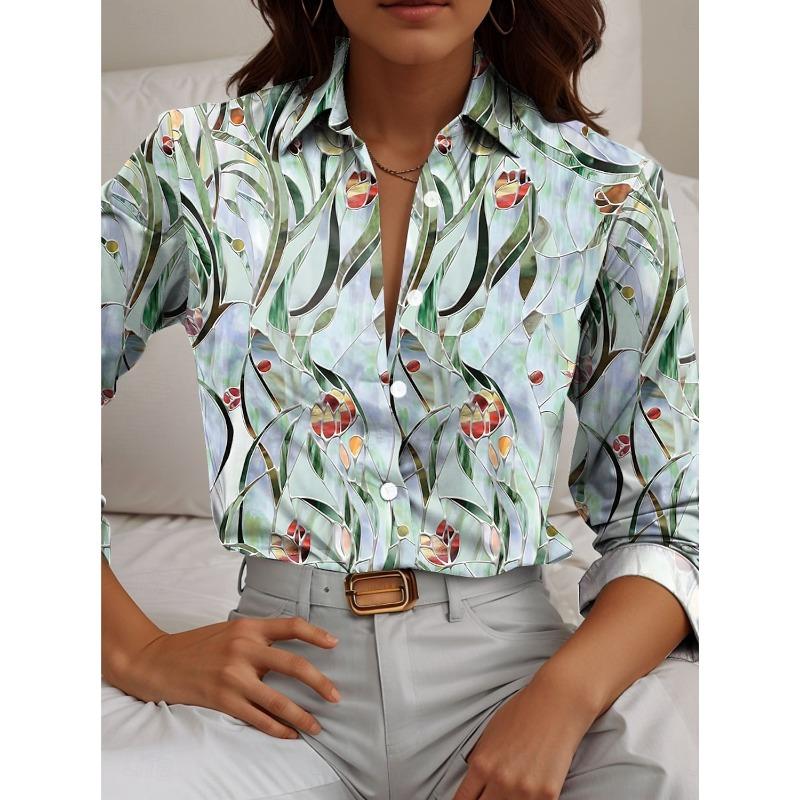 Women's Shirt Flower Active Stylish Blouse Lapel Neck Blouse Fashion Women's Long Sleeve Shirts Womens Clothing Female Clothing