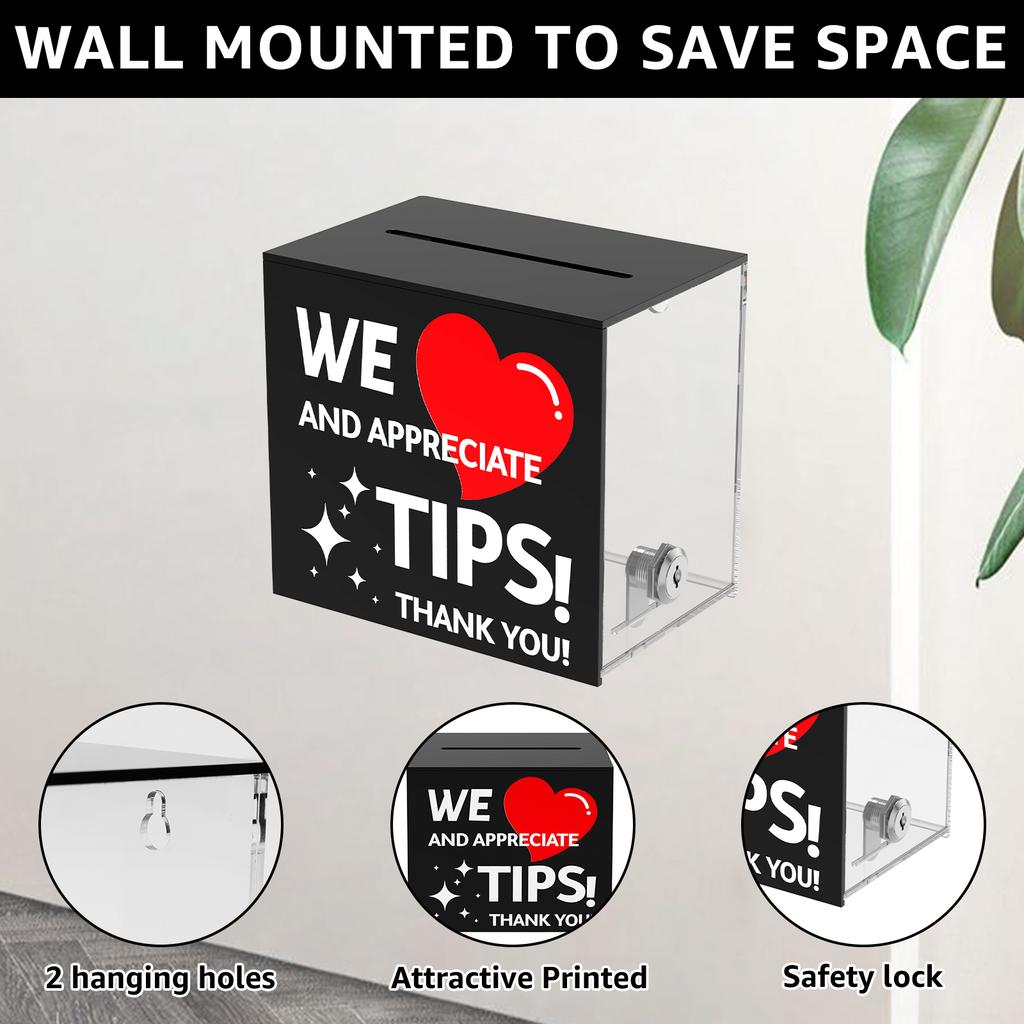 Acrylic Tips Box with Money Slot Tips jar with Lock Suggestion Donation Ballot Box for Salon Bar Coffee Shop Restaurant Counter