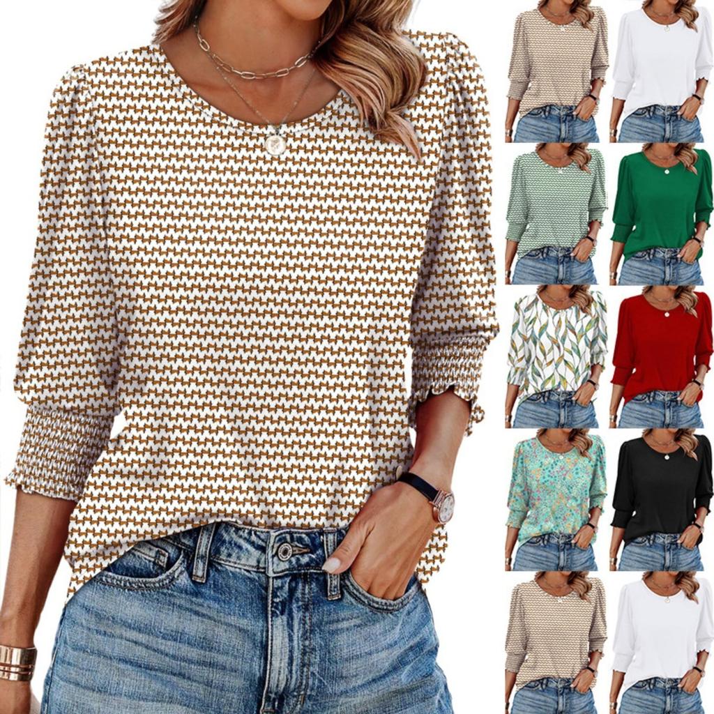 Women's Clothing, Spring, Loose, Casual, Printed, Seven Quarter Sleeves, Round Neck, T-shirt, Top