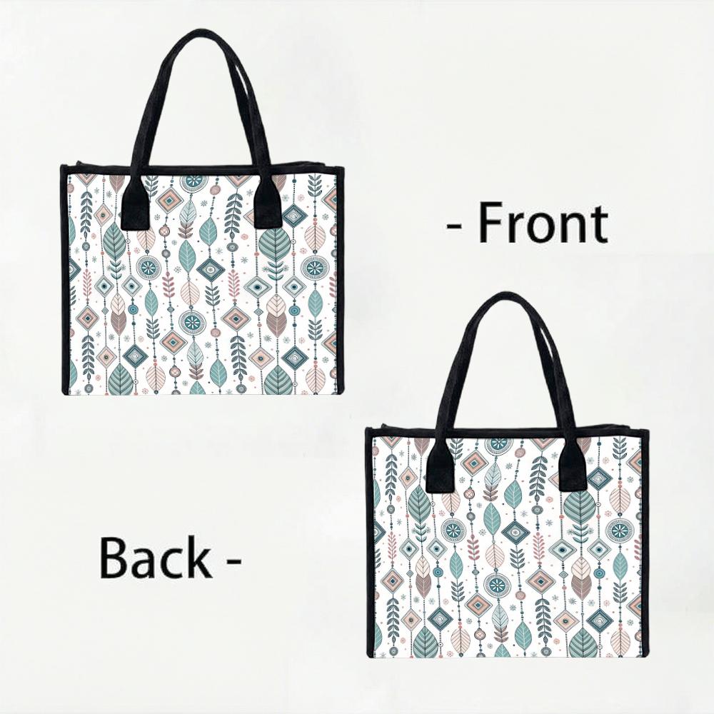 Boho Geometric Leaf Printed Casual Tote Bag Fashion Daily Use Canvas Shoulder Handbag for Women