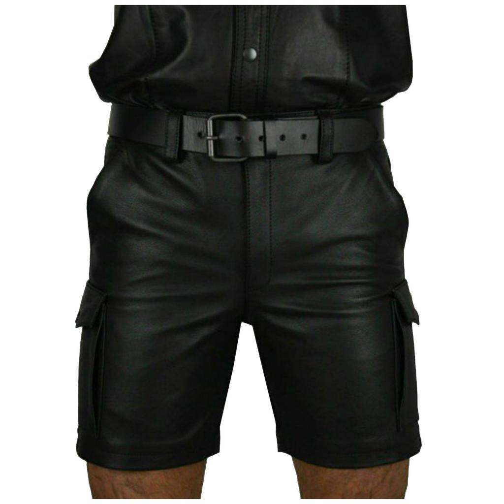 

Мужские шорты большого размера, тонкие, повседневные, однотонные, в готическом стиле, мужские кожаные шорты без ремня XS чёрный