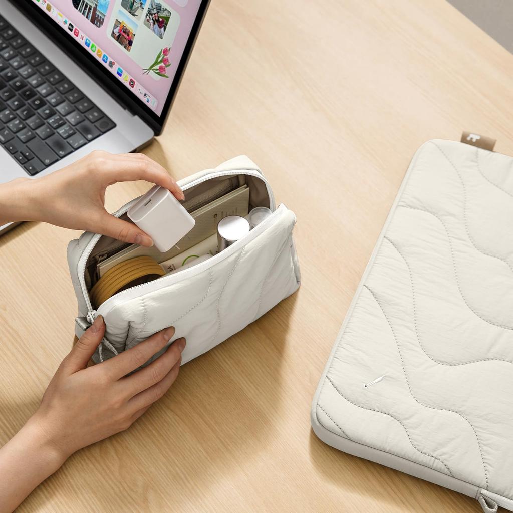 tomtoc Fluffy Gadget Small Item Travel Lightweight Quilted Soft and Cute for Cosmetic Makeup Gadget Travel Convenient Glacier Pouch, Storage, Pouch,
