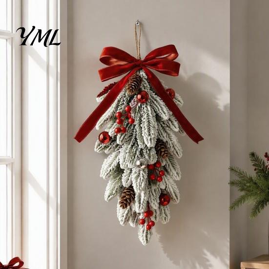 Christmas Decorations for Shop Flocked Teardrop Swag Front Door, Artificial Pine with Red Decorative Hanging Wreath Wall Berries Velvet Bow,