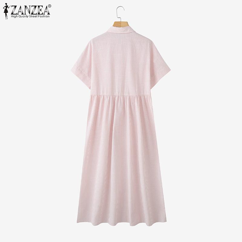 ZANZEA Women Summer Turn Down Collar Short Sleeve Casual Stripe Dress