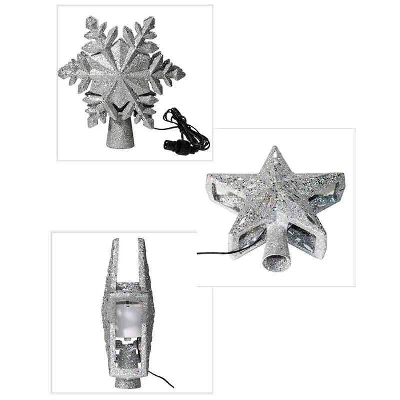 Snowflake Stars Christmas Tree Toppers Built-in LED Xmas Tree Lighting 3D Glitter Projection Silver Gold Party Decor