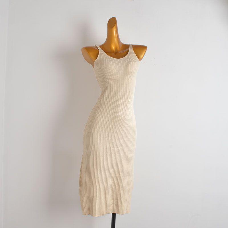 French Style Simple New V-neck Sunken Stripe Sleeveless Knitted Sling Vest Dress Women Clothes Summer Slim Fit Slimming Dress