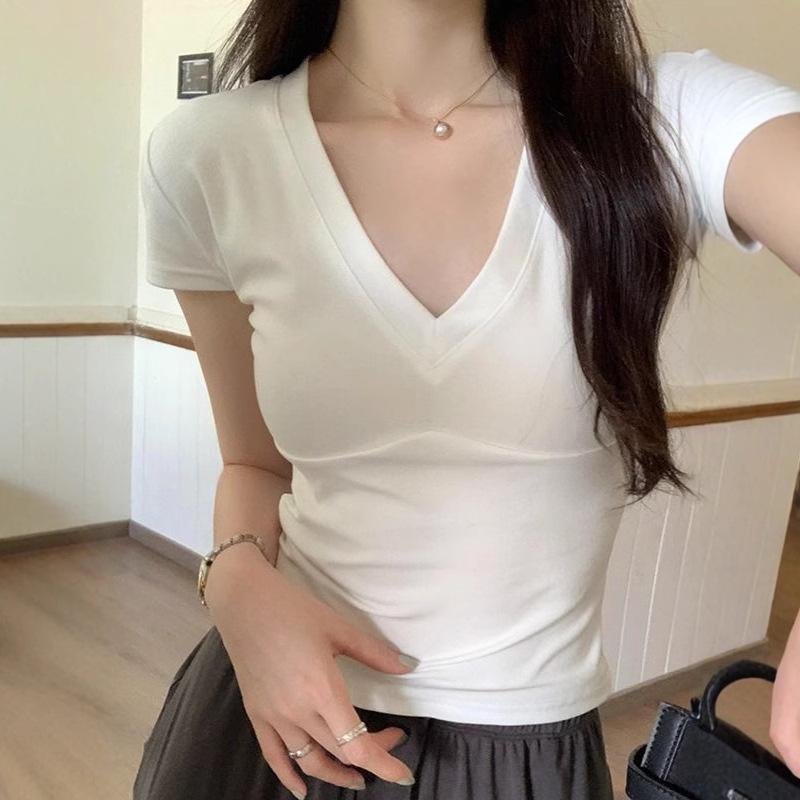 Women's White V-Neck Short-Sleeve Slim-Fit T-Shirt - Sexy Summer Style