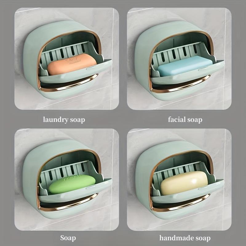 1pc Waterproof Soap Dish with Cover, No-Drill Wall-Mounted Soap Holder, Premium Drainage Bathroom Soap Rack, Rectangular Bathroom Accessory