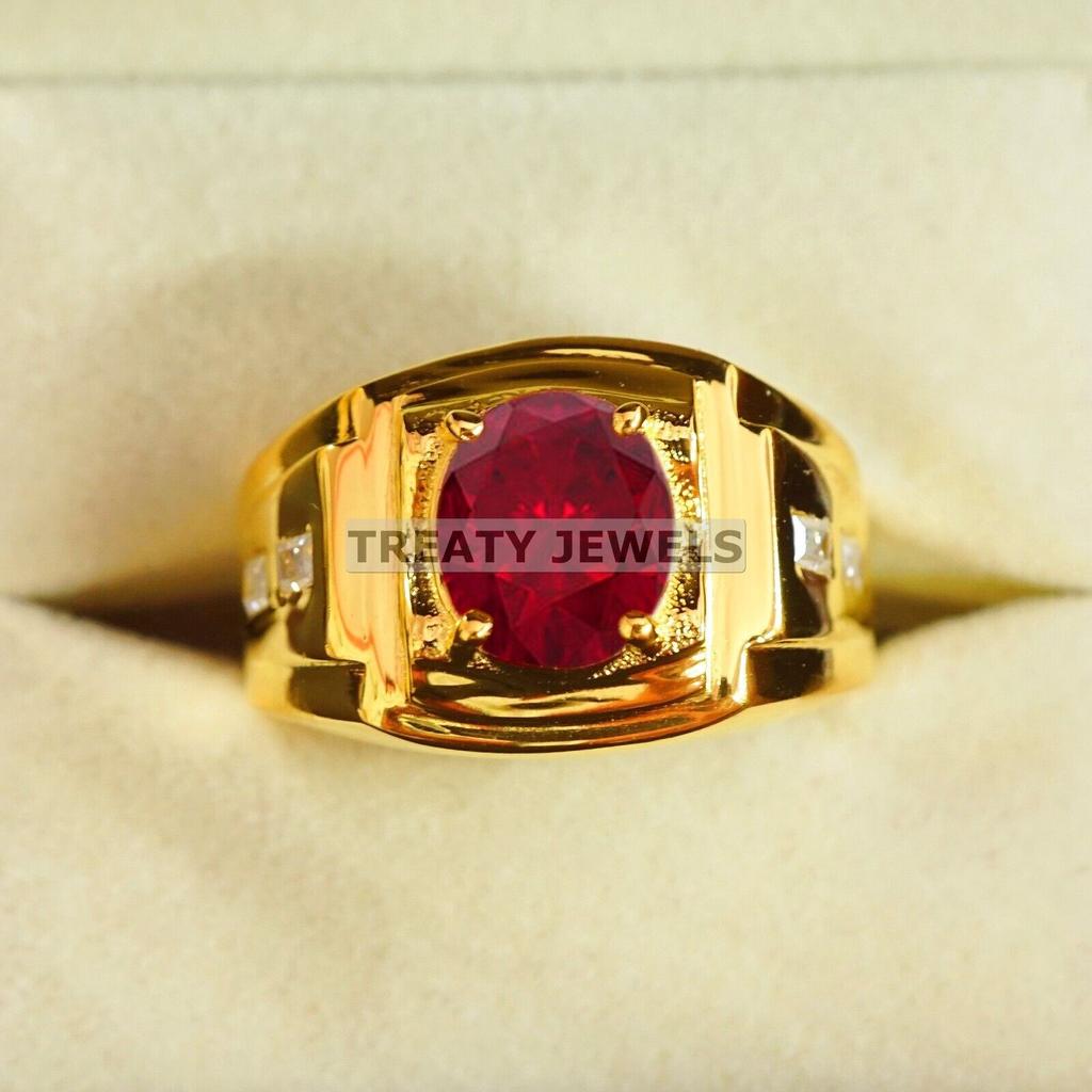 Ruby Oval Cut With 925 Sterling Silver Gold Plated Ring For Men's #B519 JL375684090654