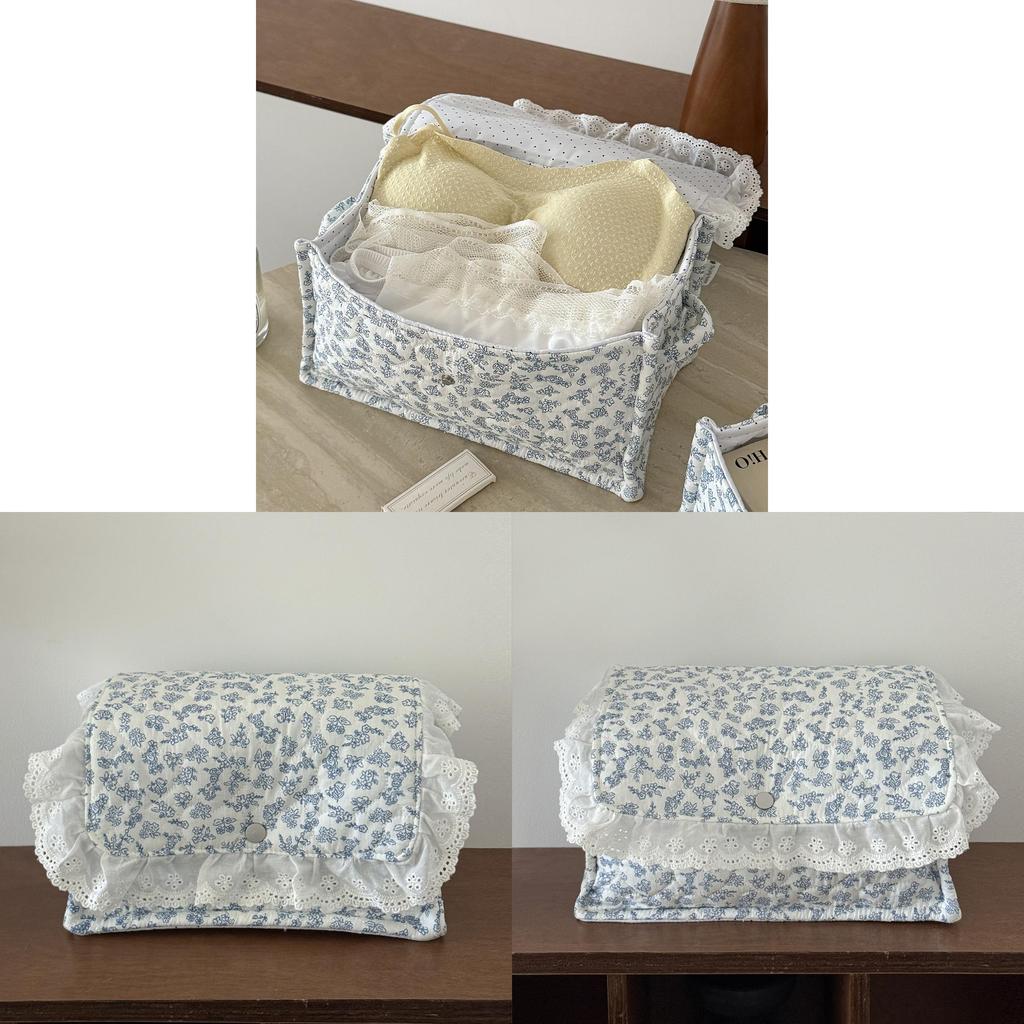 Blue Floral Storage Basket With Magnetic Lid For Bedroom And Desk Organization