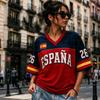 Summer Women's Men's Spain Print V-Neck Short Sleeve T-Shirt Graphic Tee Jerseys Plus Size Sport T-Shirt Soccer Fans