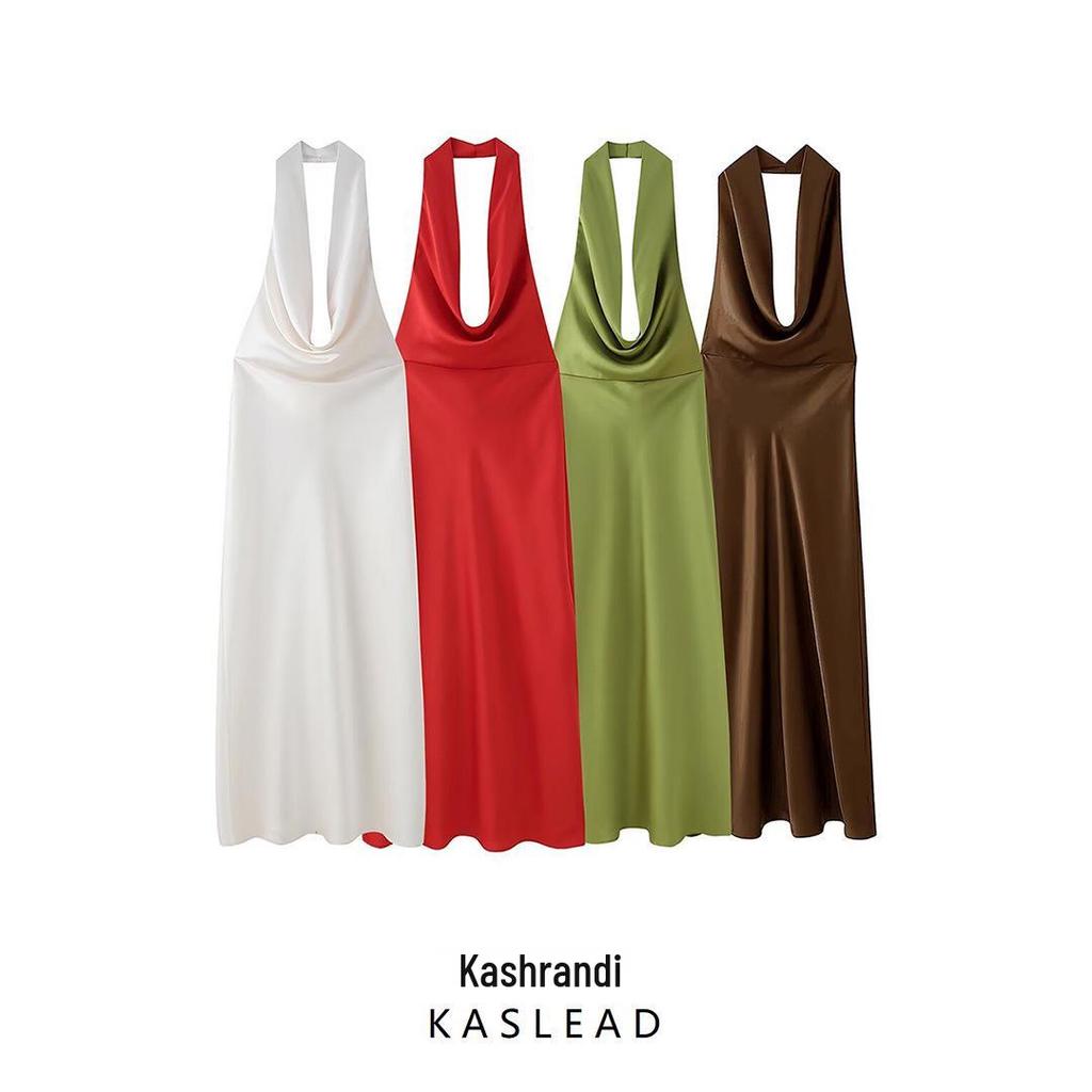 Women's Spring 2025 European & American Style Backless Silk Satin Midi Dress