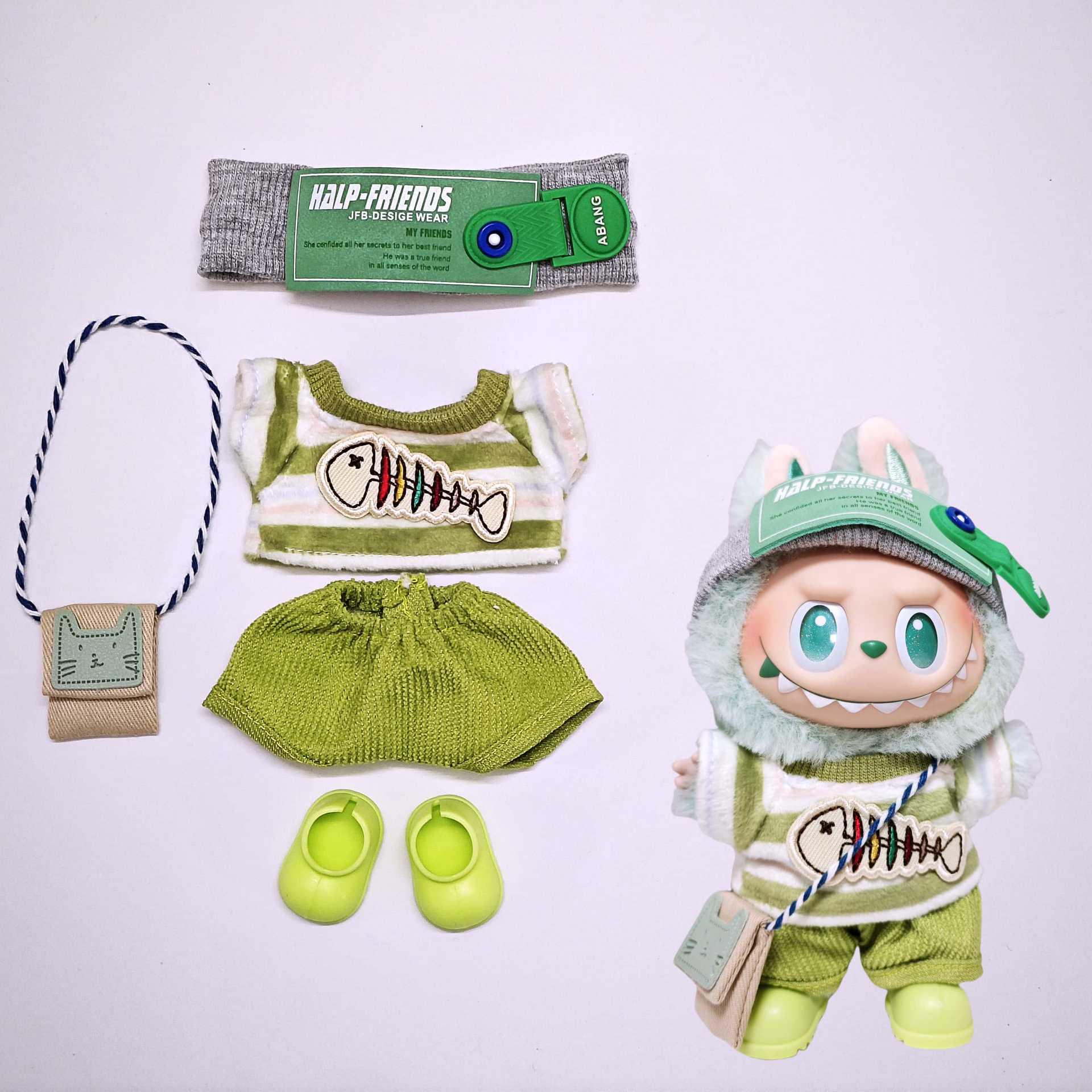 First, Second, Third Gen Labubu Vinyl Doll Clothes Fishbone Set - 6-Piece, Fits 17cm Suitable for 1st, 2nd, 3rd Gen Labubu