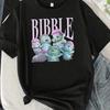 Ladies Black Bibble Cartoon Pattern T-shirt - Casual Summer Short Sleeve T-shirt with Purple Letters and Blue Characters
