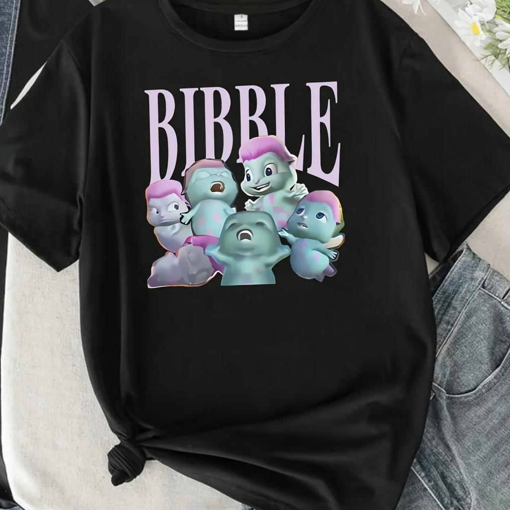 Ladies Black Bibble Cartoon Pattern T-shirt - Casual Summer Short Sleeve T-shirt with Purple Letters and Blue Characters1