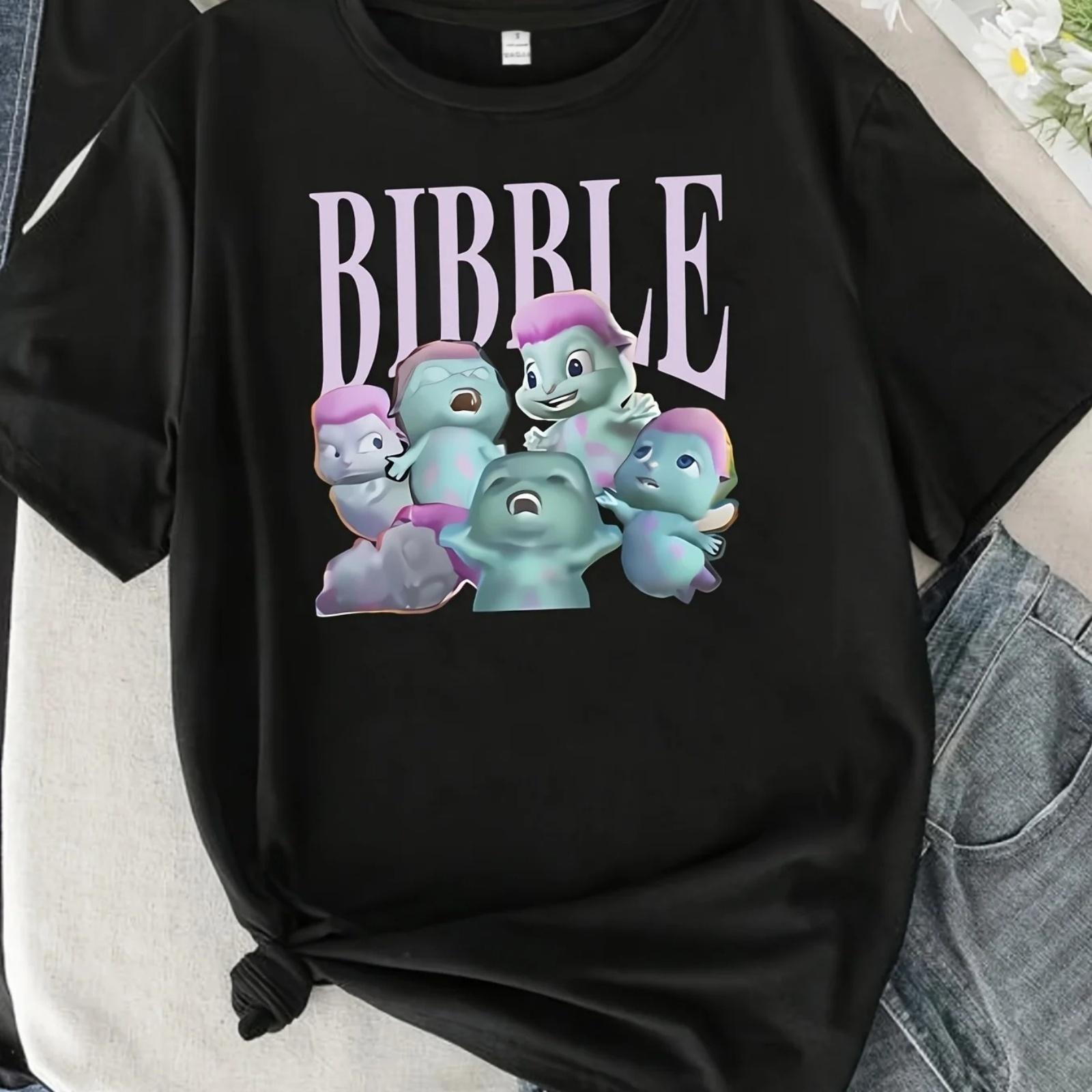 

Ladies Black Bibble Cartoon Pattern T-shirt - Casual Summer Short Sleeve T-shirt with Purple Letters and Blue Characters XXXXXL чорний