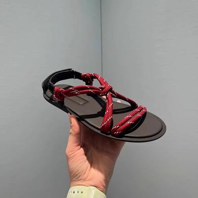 MiuMiu Same 2025 New Hemp Rope Woven Roman Sandals Women's Vacation Casual Soft-soled Flat-soled Fairy Sandals