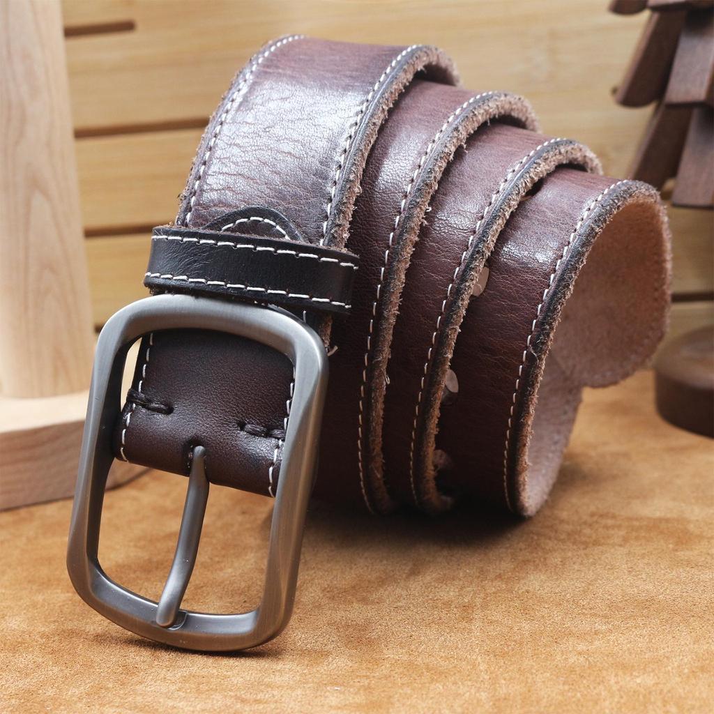 Genuine Cowhide Leather Pin Buckle Men's Belt - Retro Vegetable Tanned 