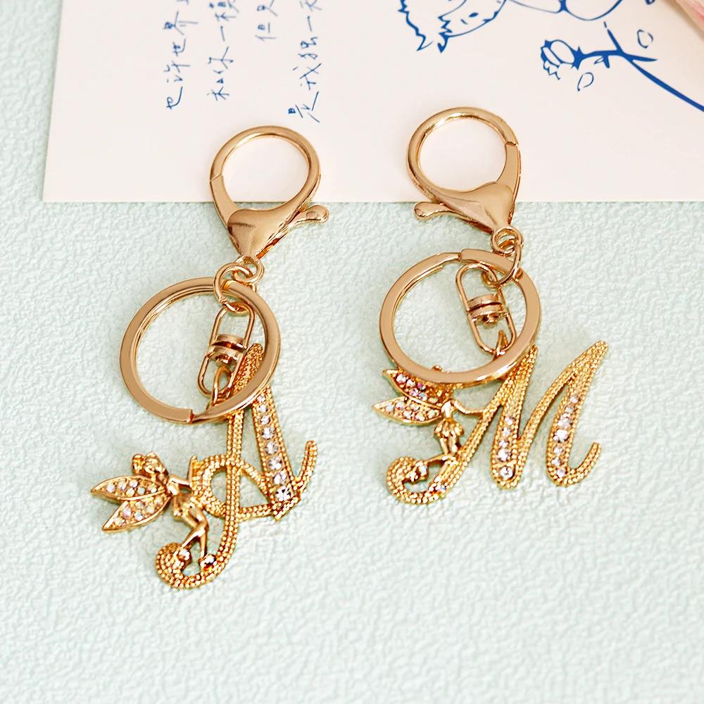 A-Z Rhinestone Elf Girl Letter Keychain Gold Color Initial Name Keyrings Girls Car Key Holder Handbag Purse Charms Decoration