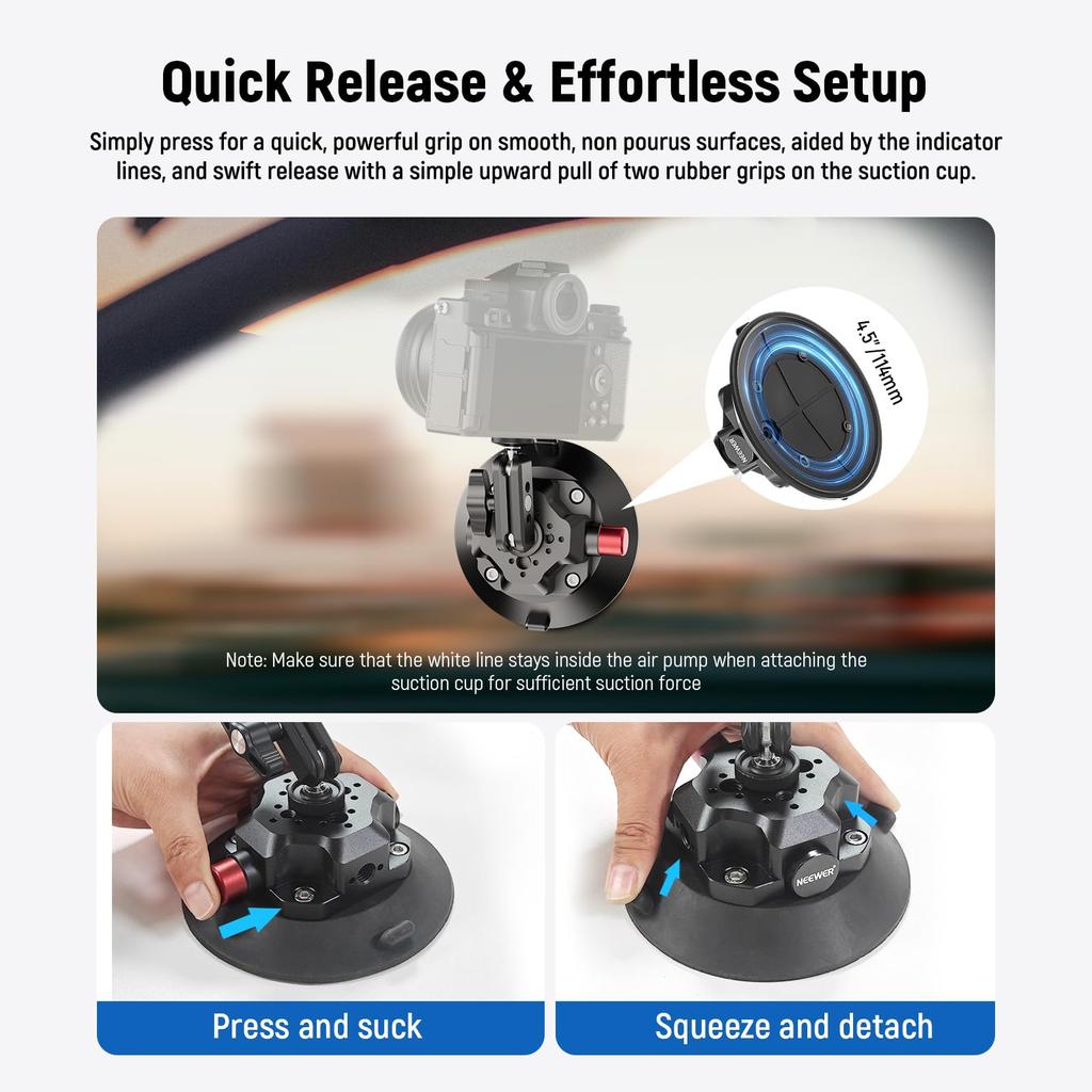 NEEWER Vacuum Suction Cup Mount 4.5 Inch Suction Cup Mount with Ball Head Magic Arm/Smartphone Holder/Action Cam Adapter, Aluminum, Quick Release, Car