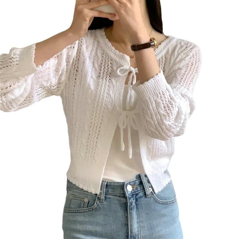 Thin cardigan new women's clothing in stock, European and American hollow lace-up sexy top long sleeve