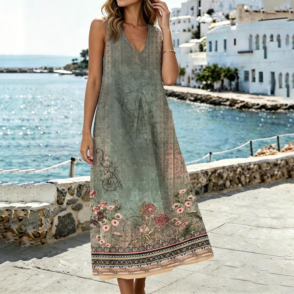 Women's Sleeveless U Neck Midi Dress with Pockets and Side Slits Cotton Linen Floral Print Casual Loose Fit Vest Dress