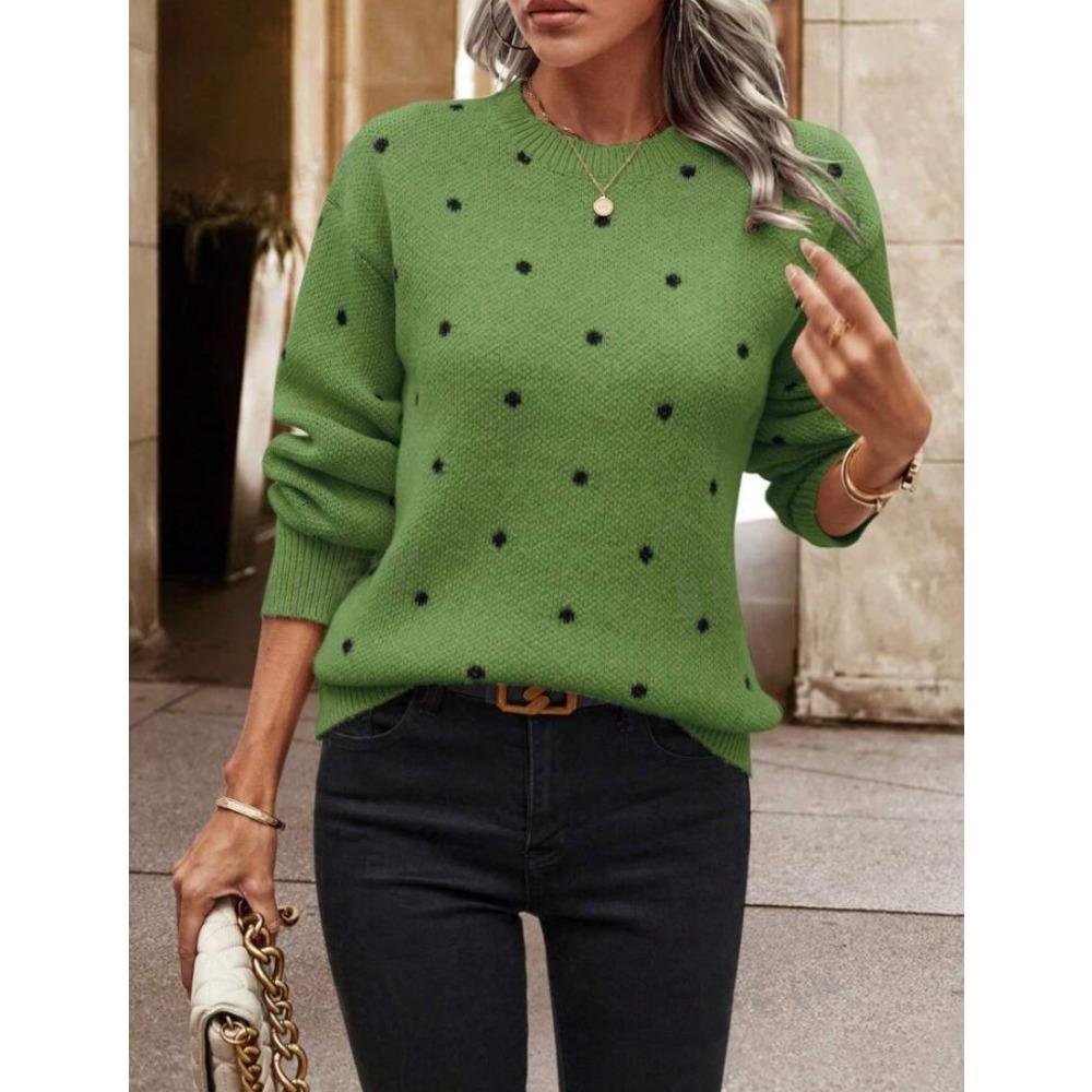 Women's Crew Neck Long Sleeve Polka Dot Jacquard Knit Pullover Sweater Casual Autumn Top