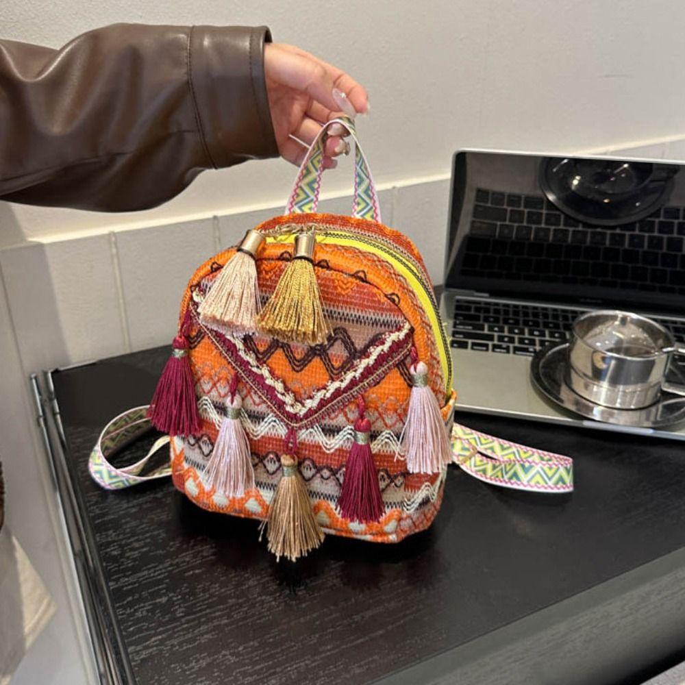 Small School Bag Canvas Tassel Shoulder Bag Embroidery Chinese Style Handbag Travel
