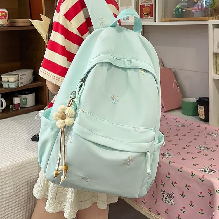 Schoolbag wholesale backpack, student backpack, girl's versatile middle, high school, college student, cute embroidered bow travel backpack