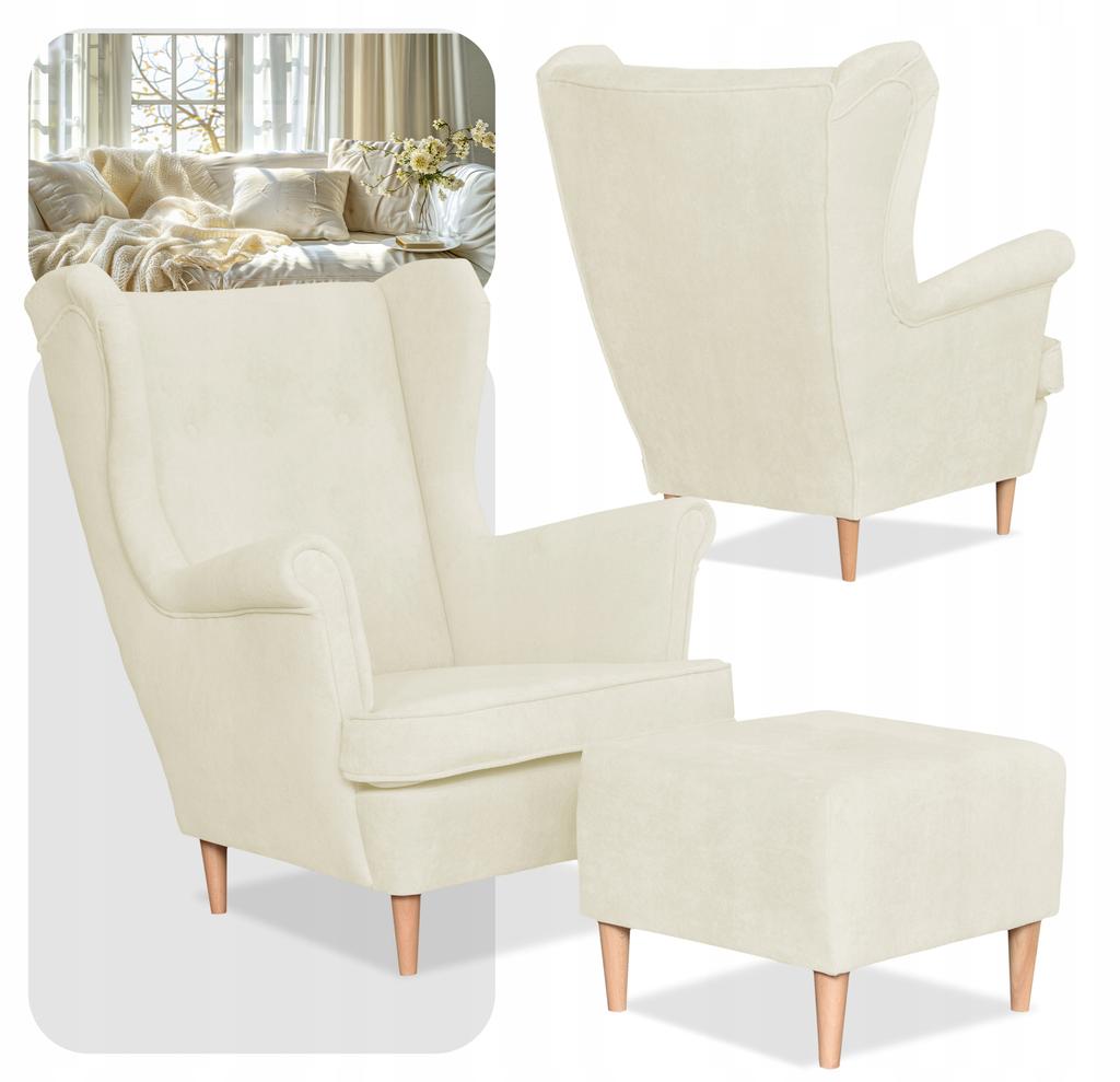Wingback Armchair with Footrest Scandinavian Velvet Cream Light Hunter Family Furniture Beige