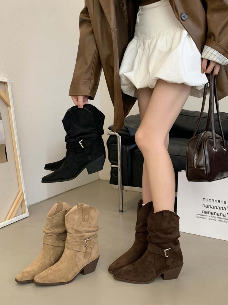 Cowhide version~ retro suede V-mouth western cowboy boots women's high-heeled pointed mid-tube boots belt buckle stacking boots