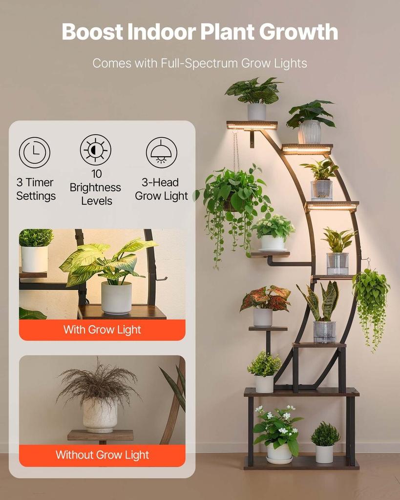 Plant Stand Indoor with Grow Lights, 160cm Tall 9-Tier Lighted Plant Shelf, Metal Corner Plants Holder, 3 Timer & 10 Brightness, Curve-Shaped Flower