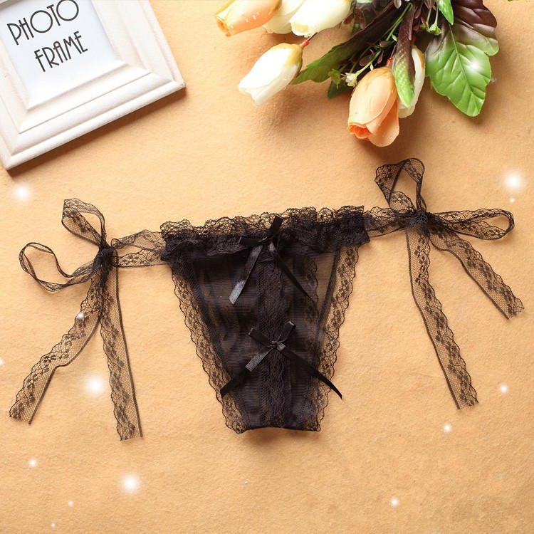 Sexy Open Cut Thong Lace T Pants Women's Underwear Solid Transparent Low Waisted Large Size Sexy Lace Up Panties