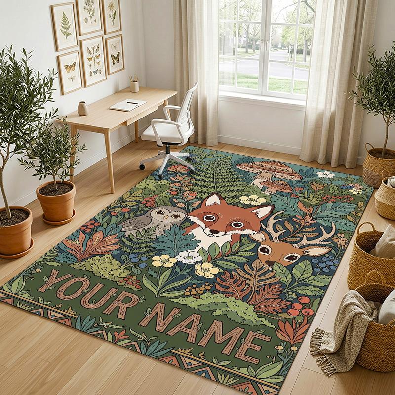 Forest Fox Theme Soft Crystal Velvet Rug Custom Name & Text Print Non Slip Floor Rug for Bedroom Living Room