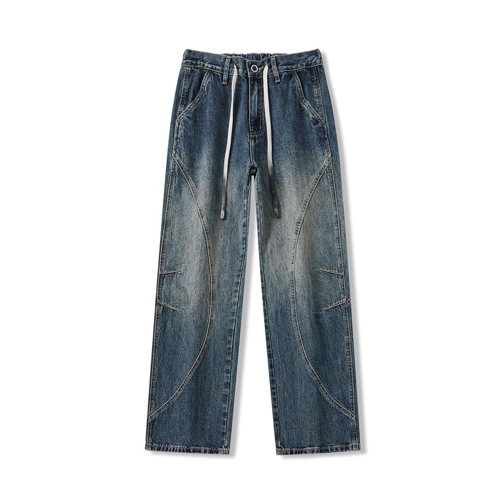 Old Semi-elastic Waist Drawstring Jeans for Men's Casual Loose High Street Mopping Pants