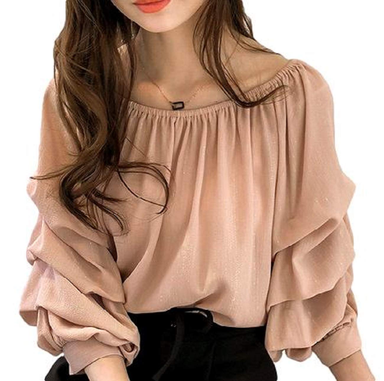 

Блузка-туника с длинными рукавами-фонариками, размер 1/2style, женская, с блеском, без воротника, (Розовый, М) розовый