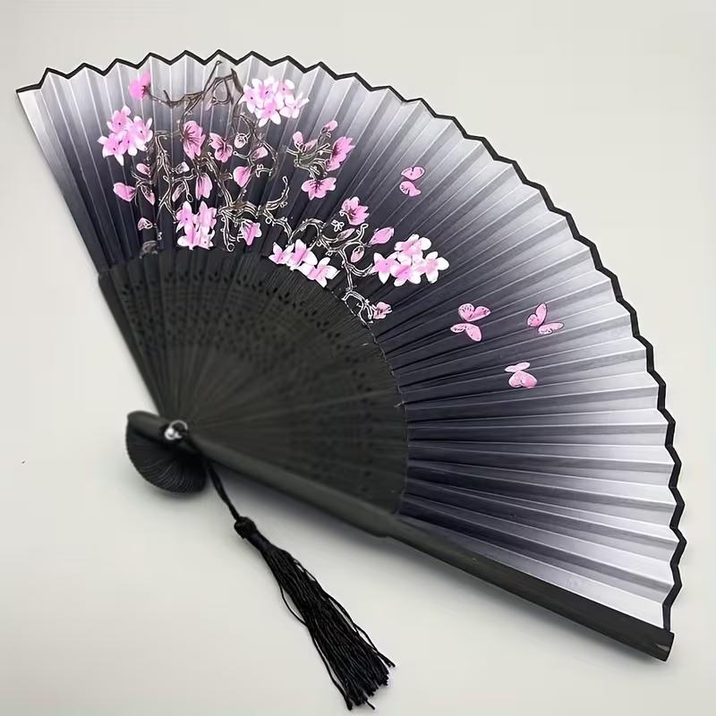Vintage Black Flower Pattern Folding Fan Chinese Style Handheld Fan for Dance Performance Cosplay Wedding Party Decorative Gift