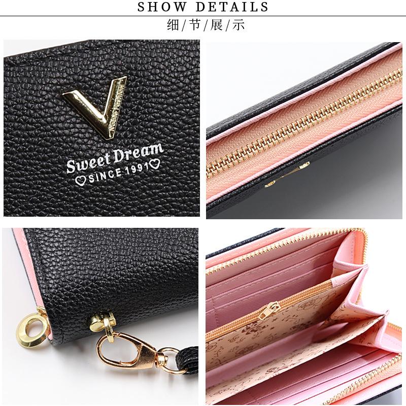 New solid color long wallet women's simple high-end lychee pattern soft leather trend zipper wallet spot