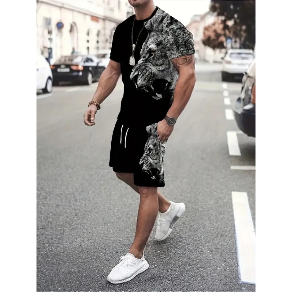 Funny 3D Cat Print Men's Sets Summer Casual O-neck Short Sleeve Tops Shorts 2 Piece Fashion Lion Pattern Suit T-Shirts Outfit
