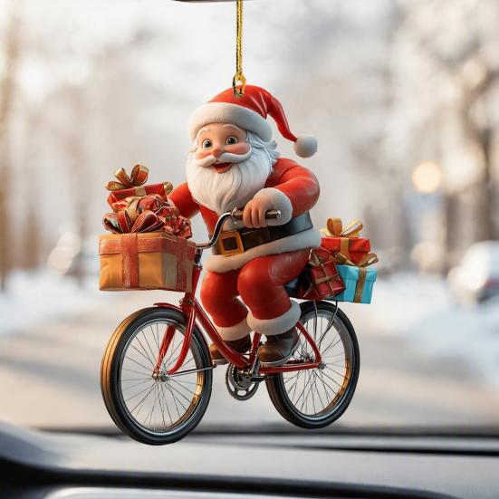 Double Sided Printed Tree Ornaments 2Pcs Christmas Santa Riding Bicycle Acrylic Hanging Ornament, Car Interior Rearview Mirror Charm, Holiday Backpack
