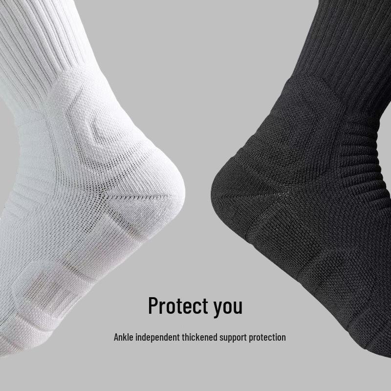 Elite Odor-Resistant Black & White Basketball Mid-Calf Socks with Thick Terry Bottom