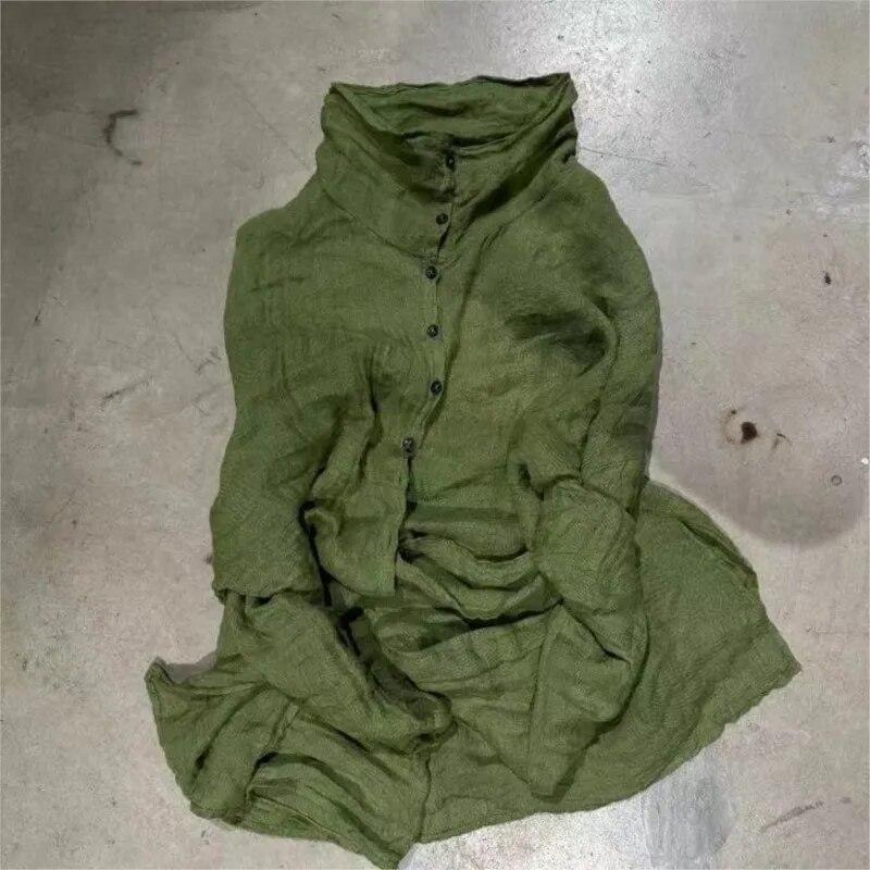 Johnature Kvinner Vintage rullekrave linskjorter Ensfargede Langermede knappoverdeler Høstknapp Uformelle dameskjorter