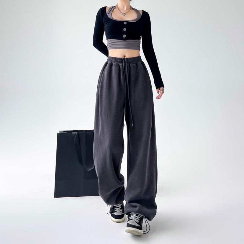 Autumn Sports Casual Loose Wide Leg Pants Women Fashion Solid Elegant High Waist Trousers Women Simple Straight Drawstring Office Ladies Trouser 25681