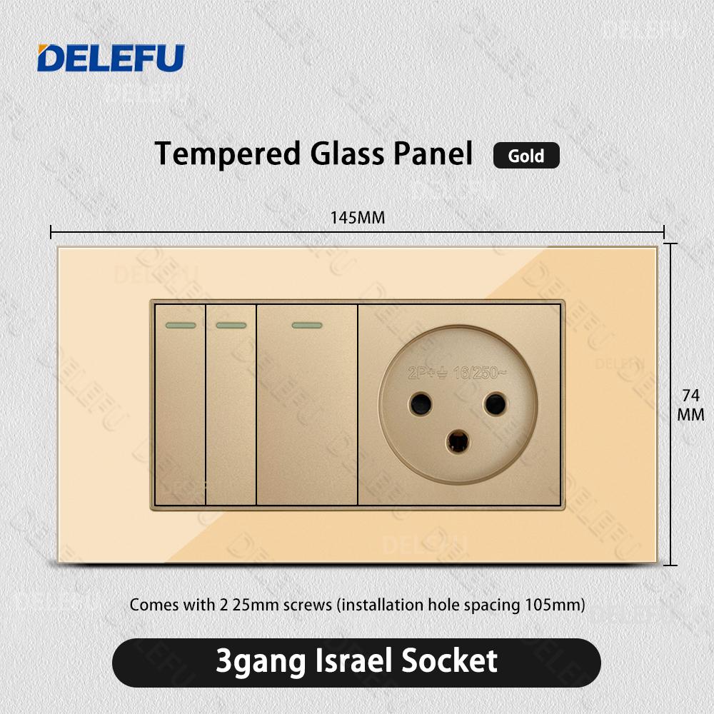 DELEFU Glass SC70 Panel 145mm Gold Israeli Standard USB C-type Fast Charging Wall Socket Switch TV Phone CAT5 CAT6