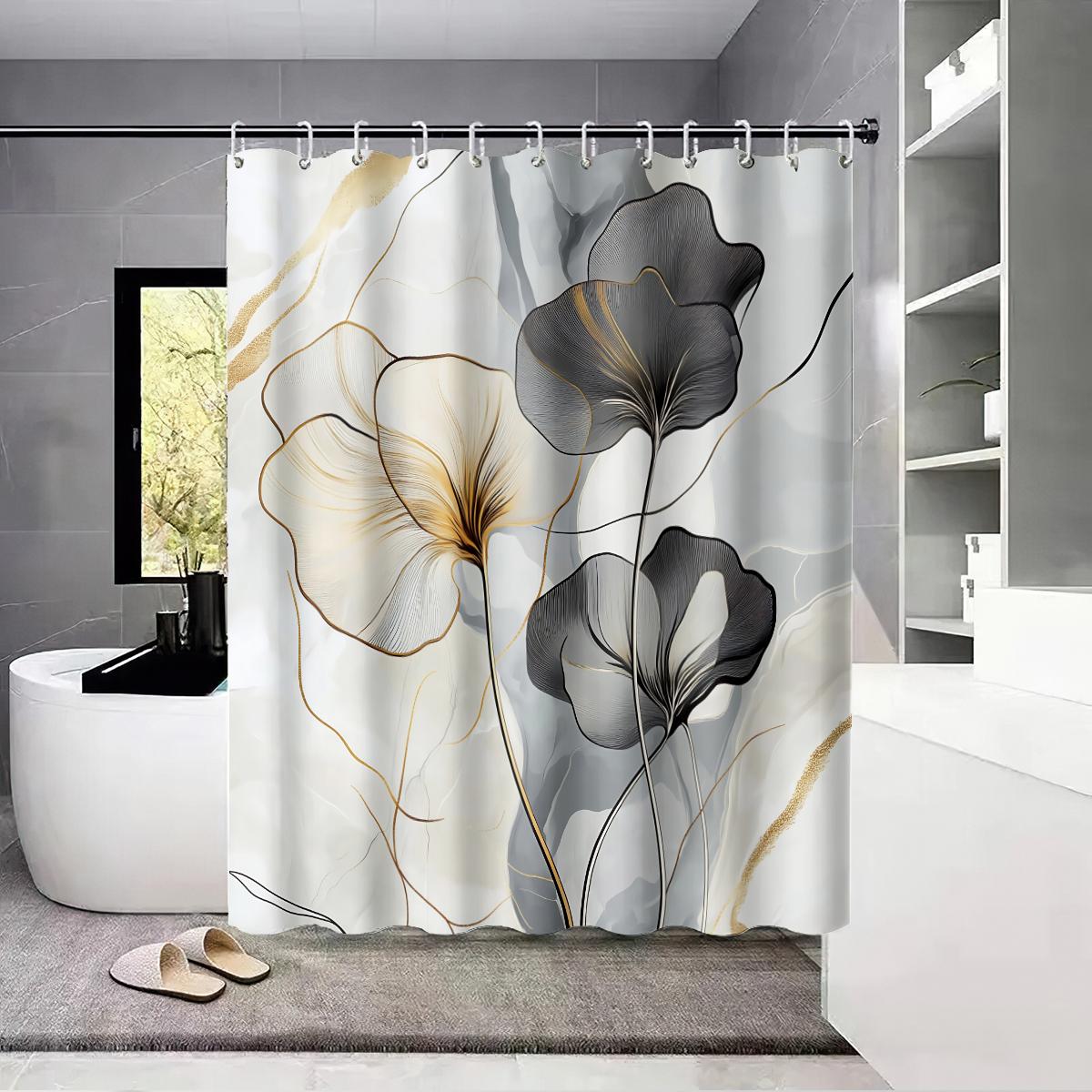 

1Pc Ink Wash Line Flower Print Waterproof Shower Privacy Hanging Curtain With 12 Hooks Multiple Sizes Machine Washable W60H190(CM)-1 Pcs